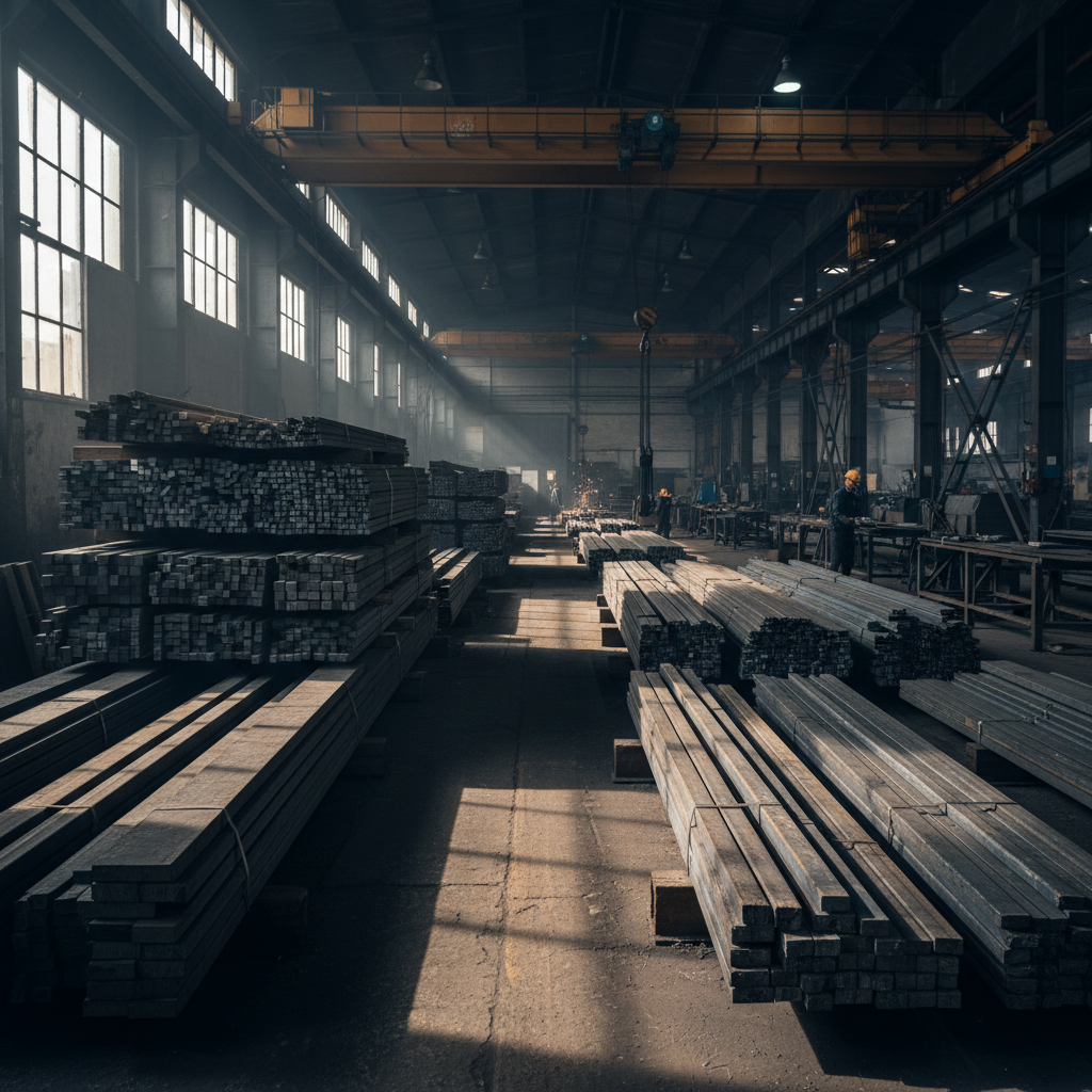 Stacked cylindrical steel round bars in industrial warehouse, dark metallic surfaces, dim atmospheric lighting