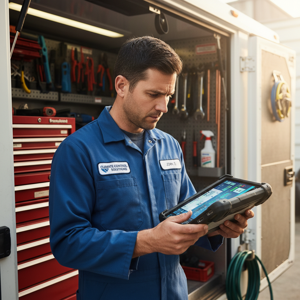 HVAC technician reviewing operational dashboard on tablet in service truck