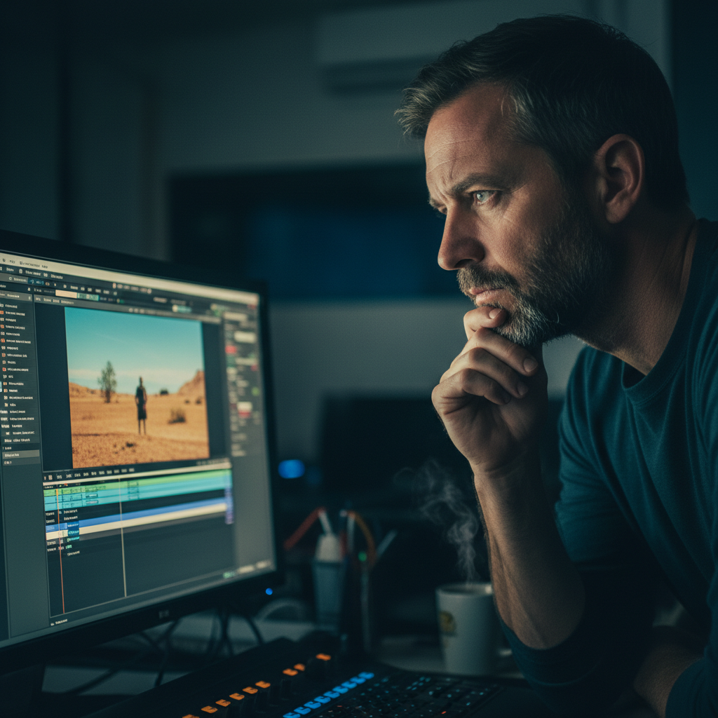 Film director reviewing footage on monitor surrounded by production equipment