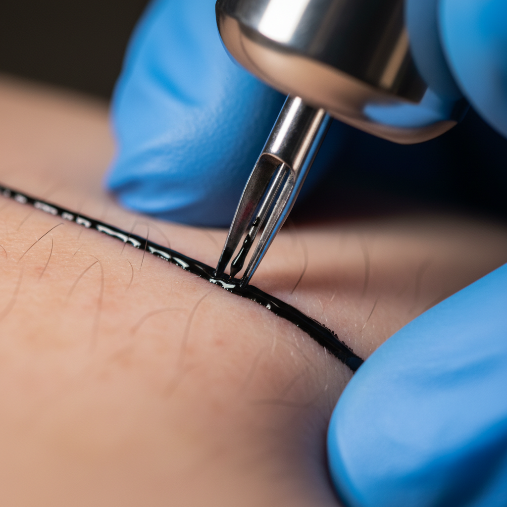 Tattoo needle pulling ink through skin in close-up studio lighting