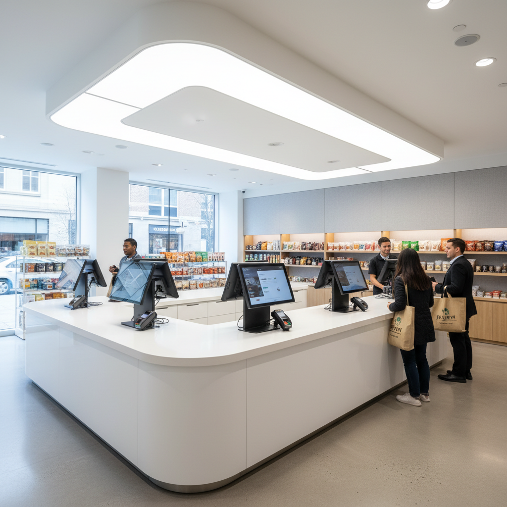 Nordic fashion retail store interior with digital checkout systems