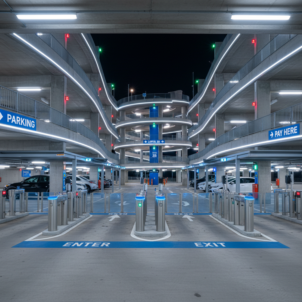 Secure gated truck parking facility with bright overhead lighting