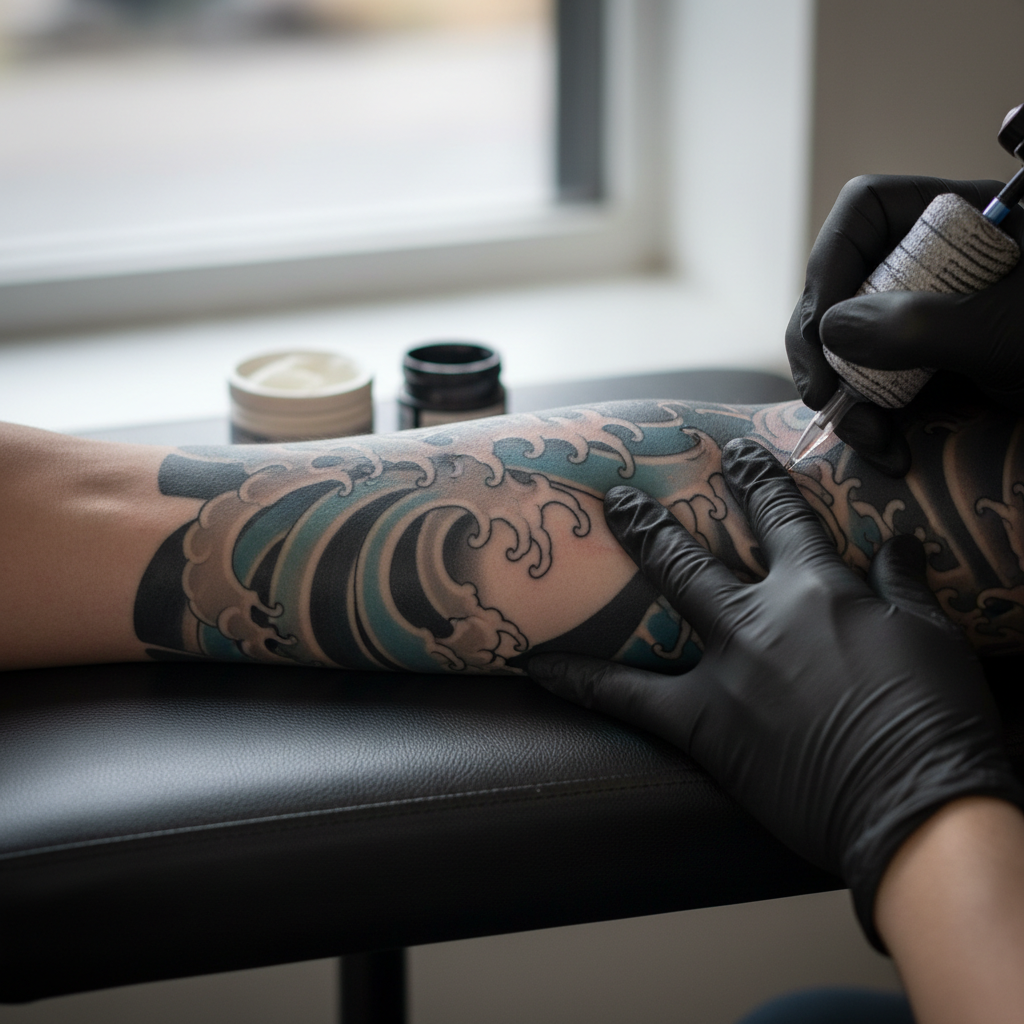 Instagram post showing Japanese sleeve tattoo wave detail in progress