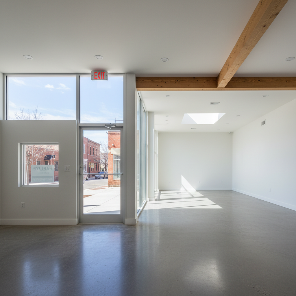 Empty commercial shell space with bare concrete floors and exposed walls