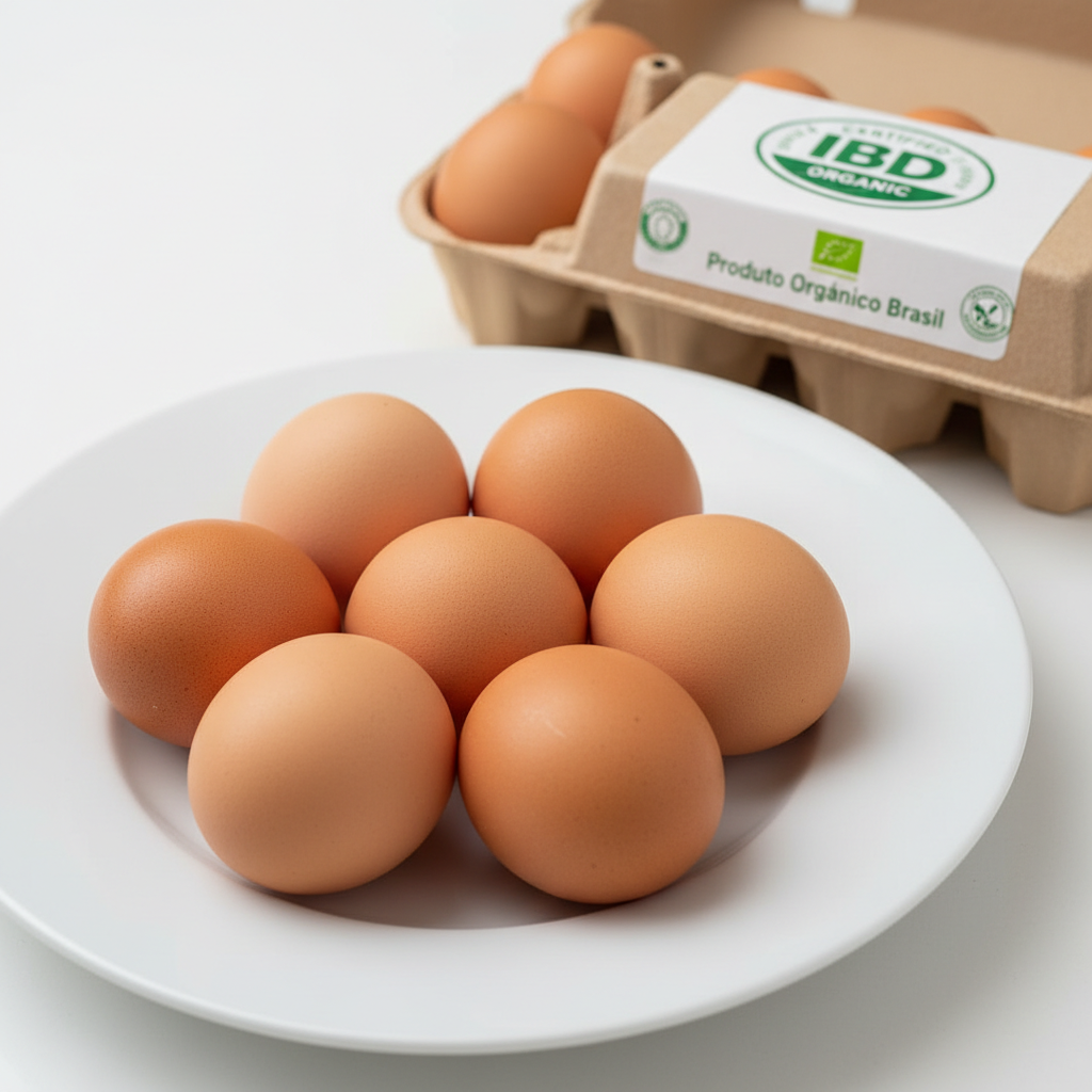 Fresh eggs on white plate, bright natural light