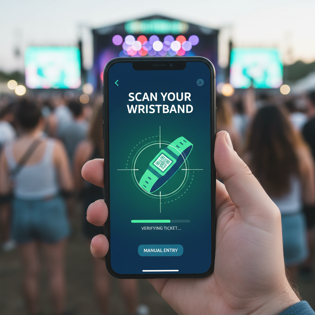 Festival wristband scanning ticket UI on mobile phone