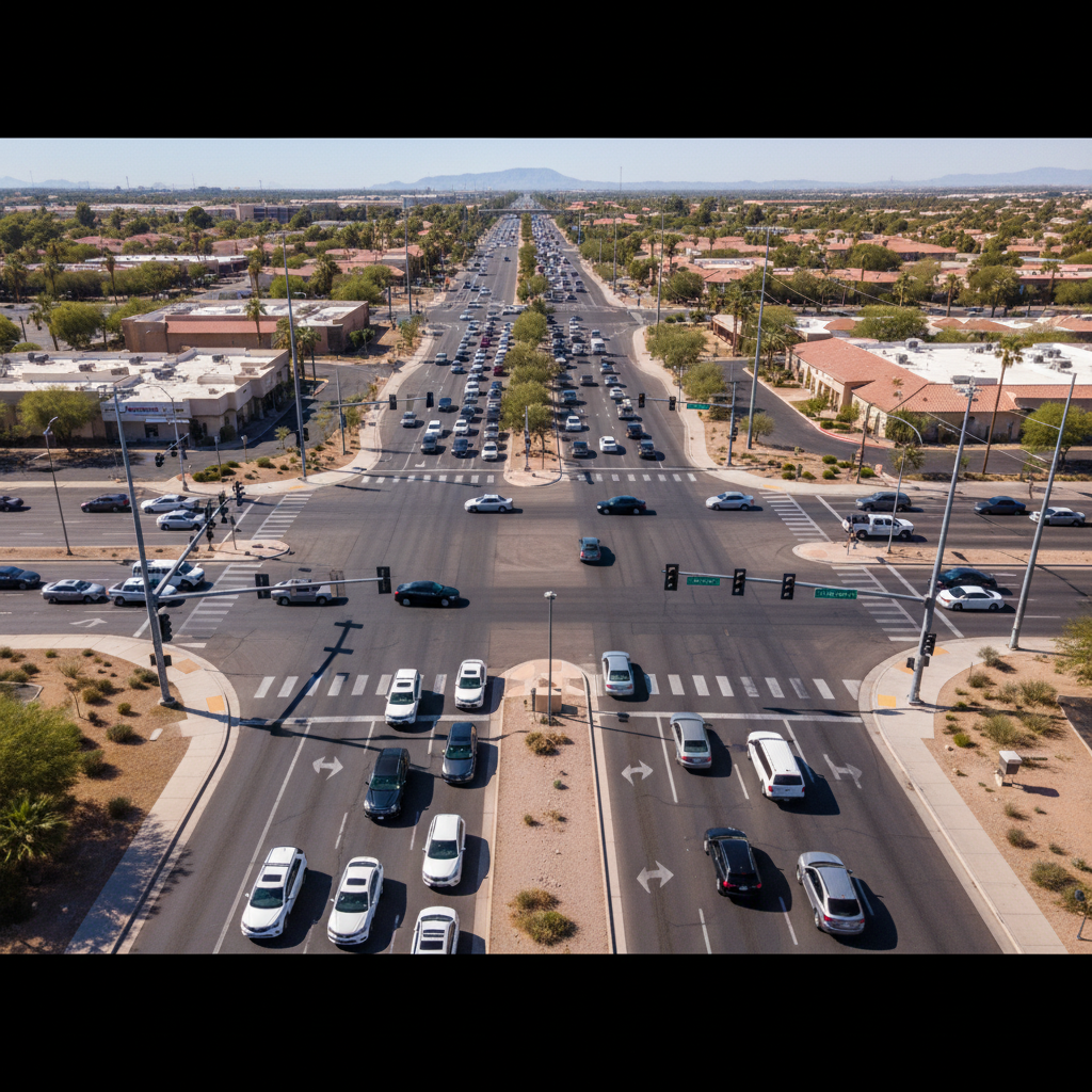 Aerial view of Mesa Arizona intersection with traffic enforcement cameras installed on signal poles