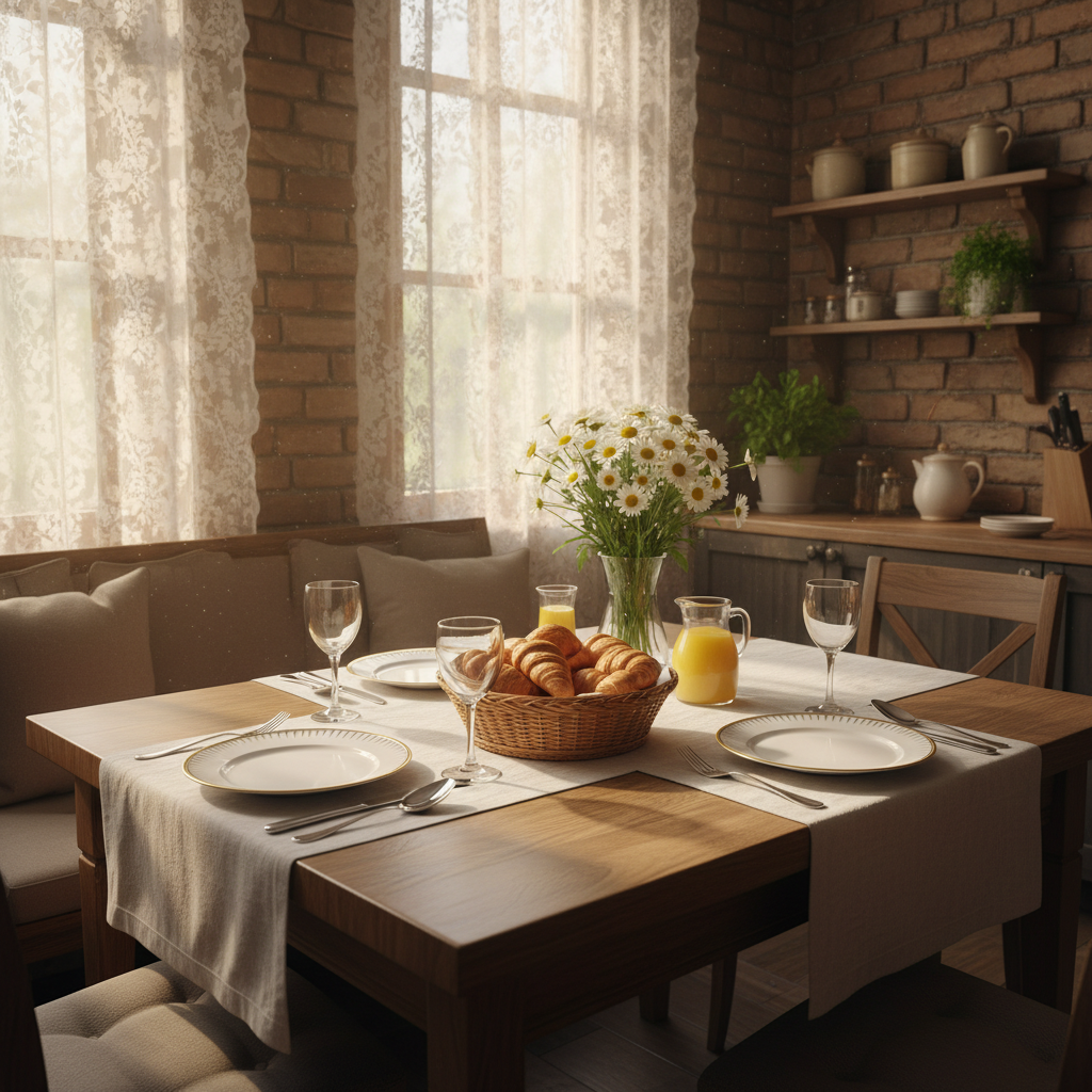 Soft background image of a kitchen table set for two with warm morning light streaming through lace curtains