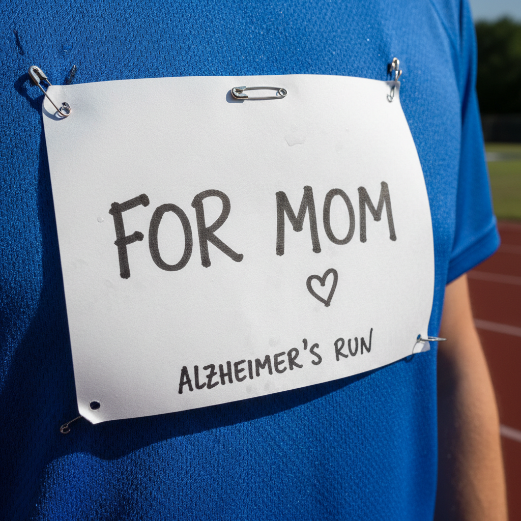 Close-up of a race bib pinned to a running shirt with a cause written in marker