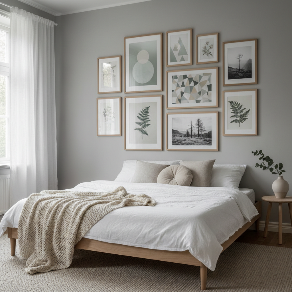 Gallery wall with multiple minimalist white photo frames, Scandinavian interior design, bright white walls, natural daylight
