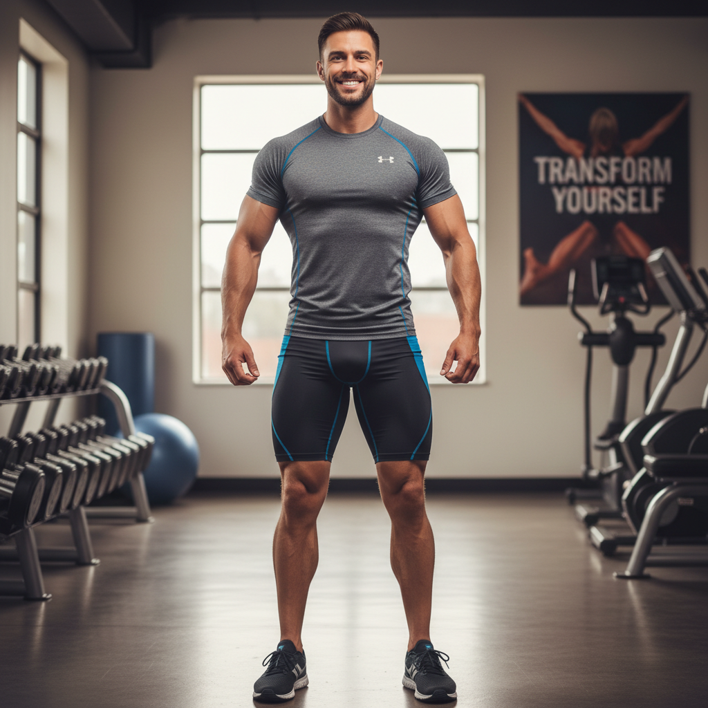 Confident athletic man smiling outdoors in athletic wear with sunny background