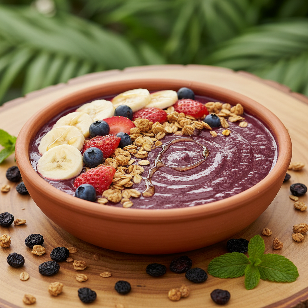 Vibrant acai bowl with fresh tropical fruits and granola
