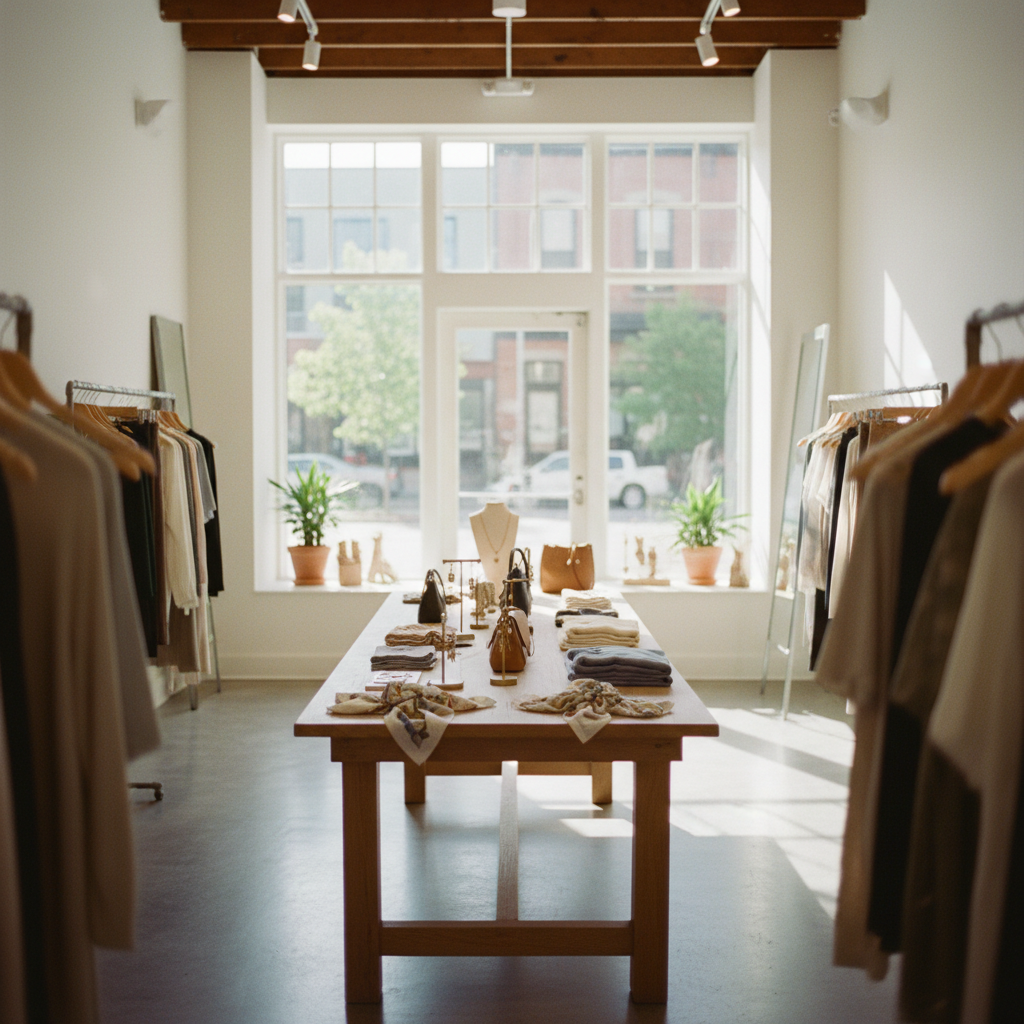 Retail boutique interior — center aisle looking toward sunlit storefront window, styled display table in sharp focus, clothing racks softly blurred in foreground