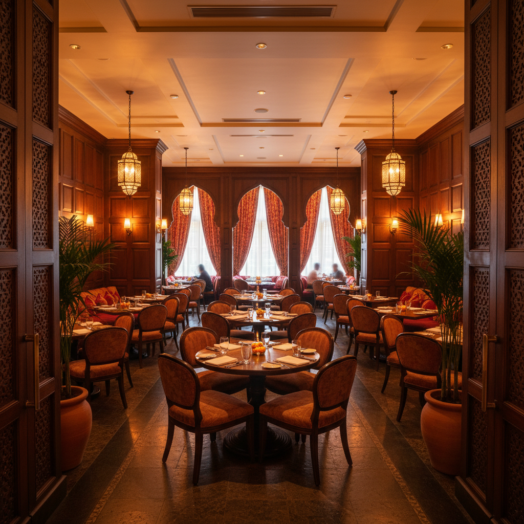 Elegant Indian restaurant dining room with warm amber lighting, white tablecloths, candles and decorative brass accents, intimate dinner atmosphere