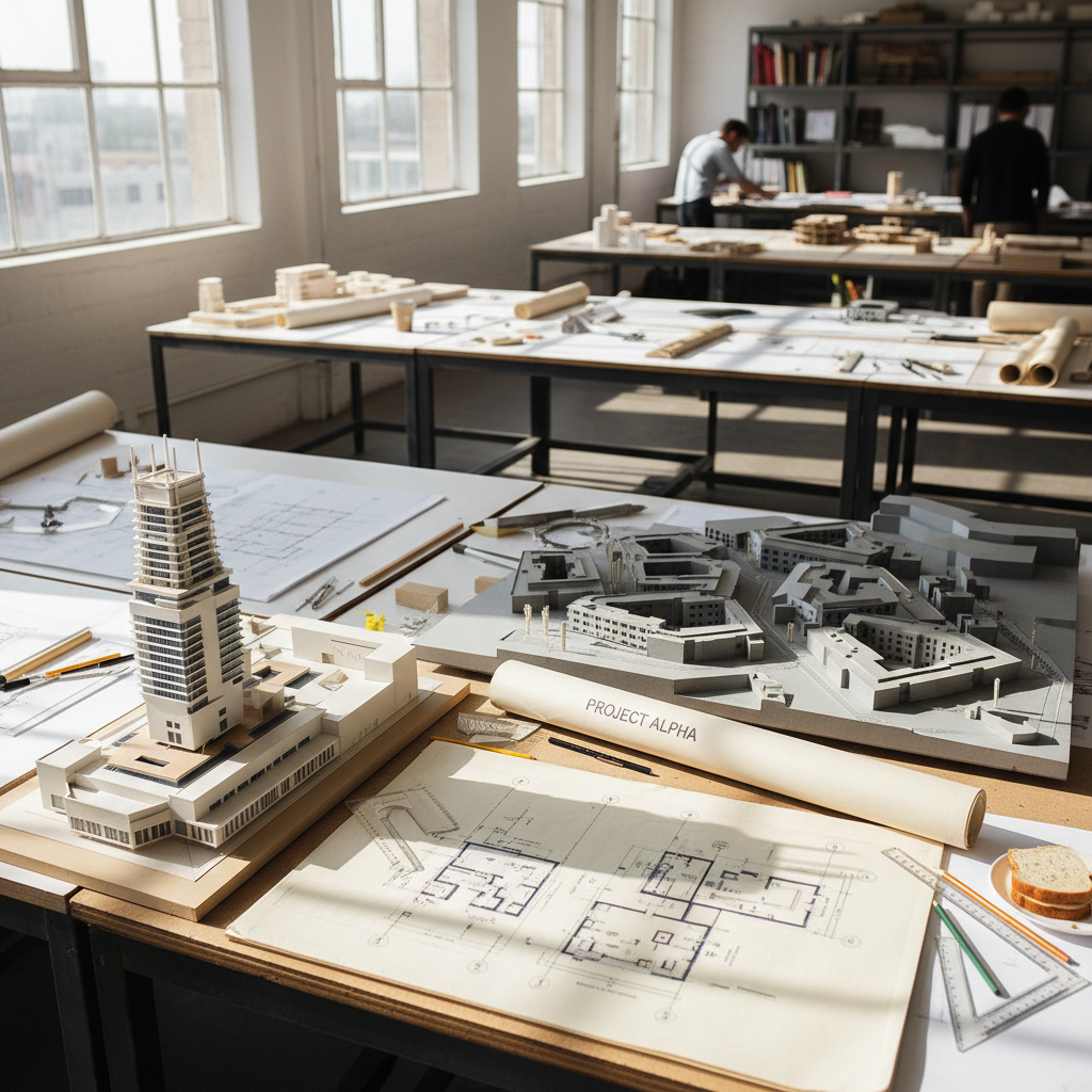 Architectural models and blueprints spread across a design studio workspace