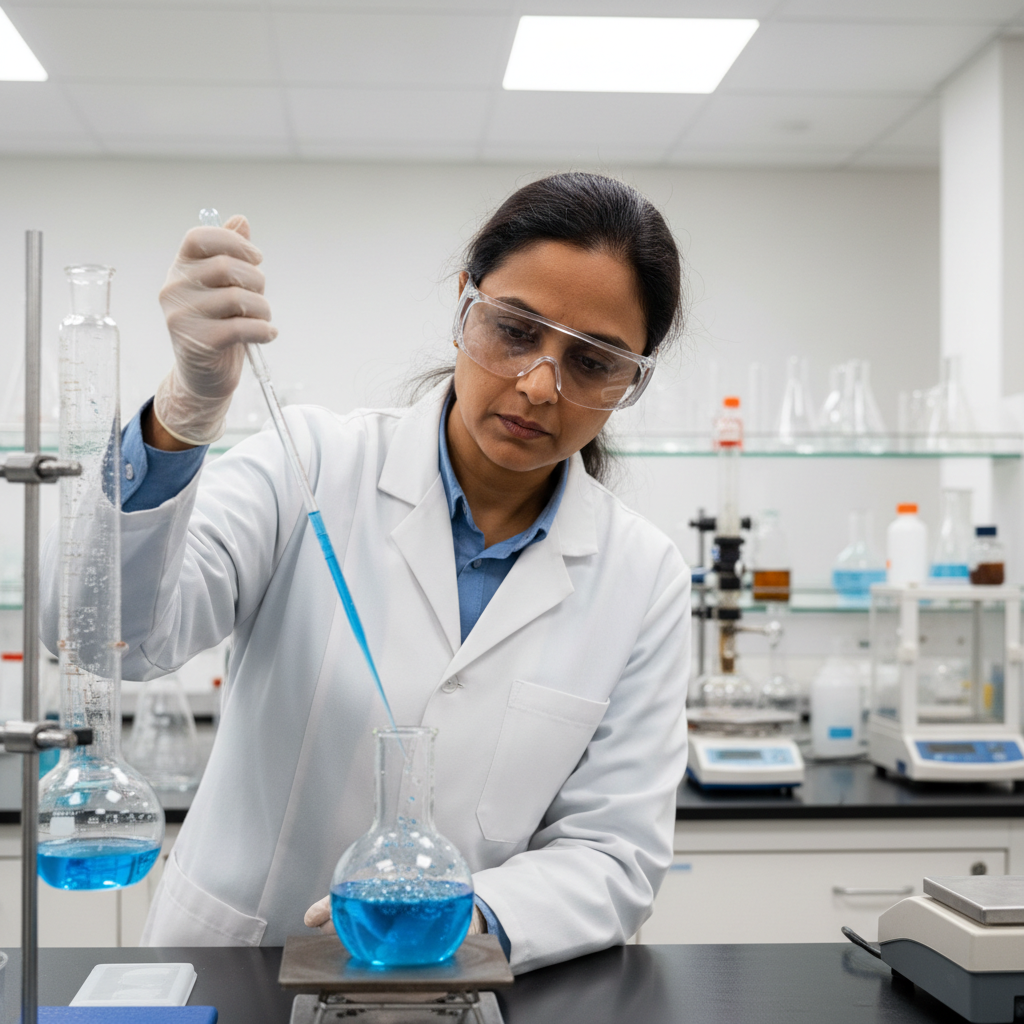 Indian woman in white lab coat with safety glasses in quality testing laboratory