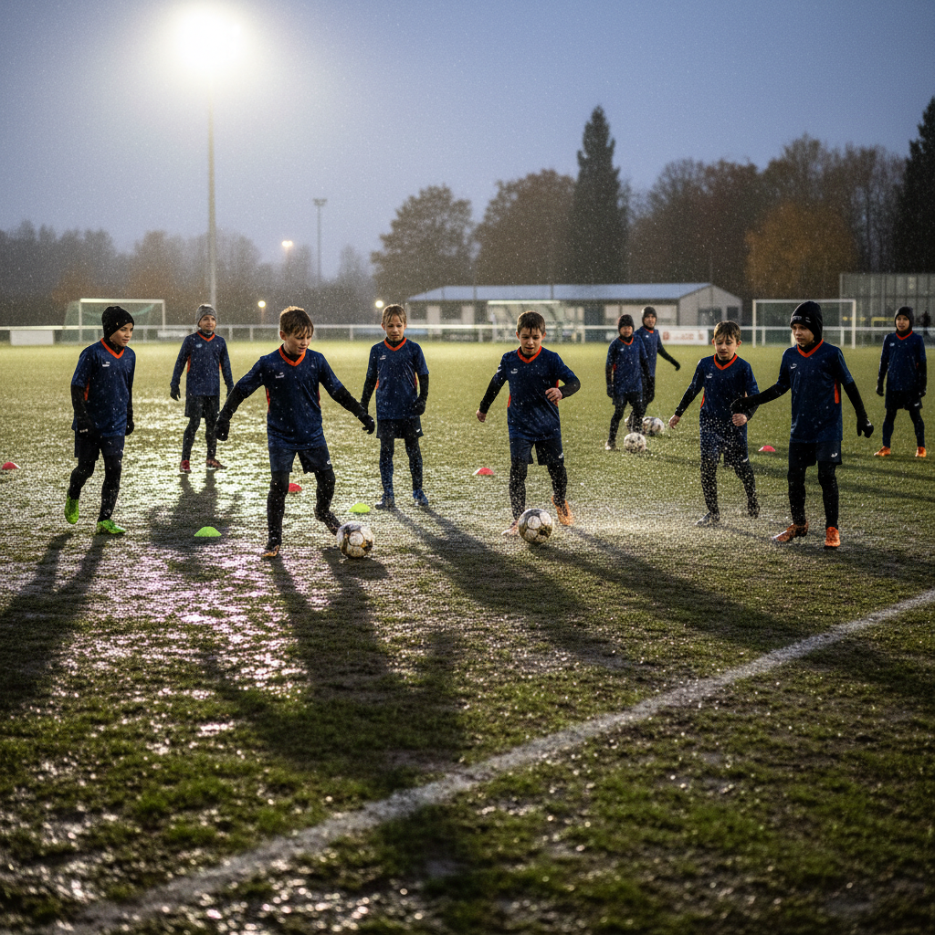 Youth football players training on a rain-soaked pitch under floodlights in autumn