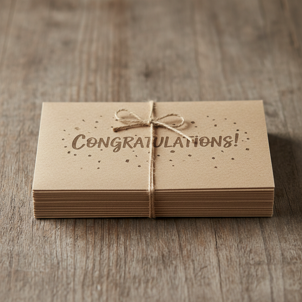 Kraft paper congratulations cards stacked in a bundle on wooden surface