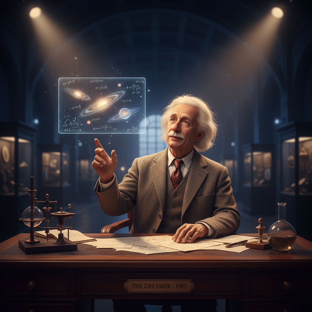 Cinematic wax figure of a visionary figure captured in moment of creative inspiration