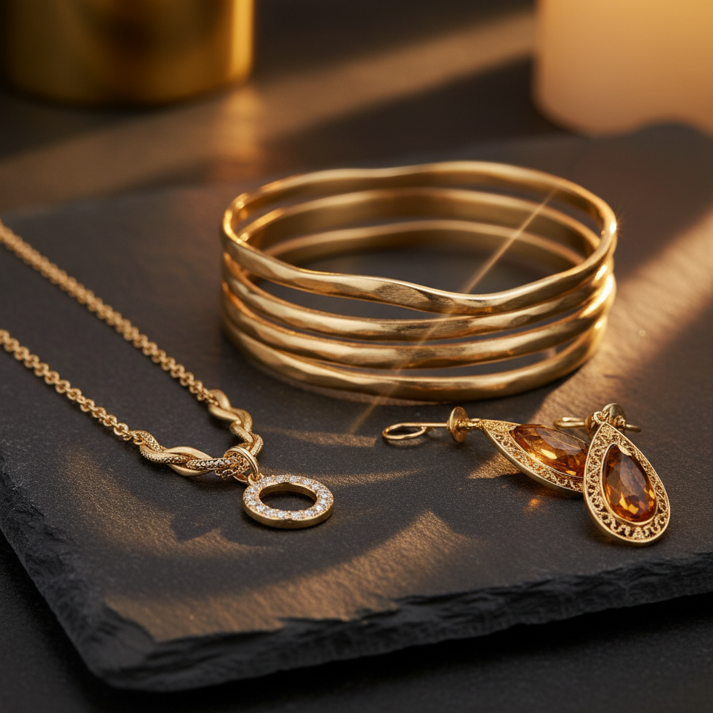 Gold jewelry pieces arranged on dark slate, dramatic side lighting, deep shadows, atmospheric product photography with dark moody tones