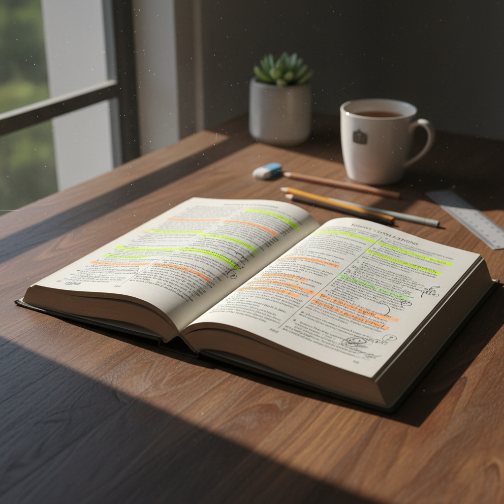 Open textbook with highlighted passages and pencil annotations spread across a wooden desk