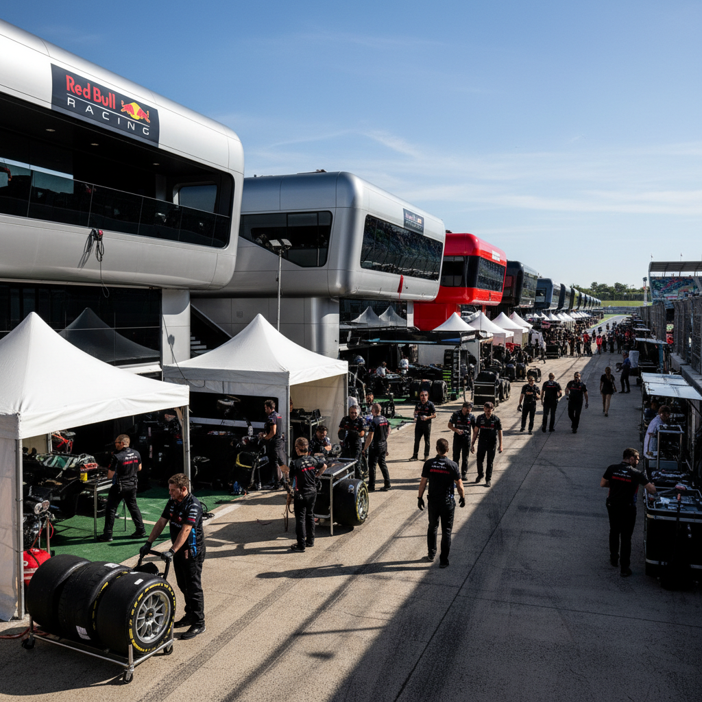 Formula racing paddock during race weekend with team motorhomes and hospitality units