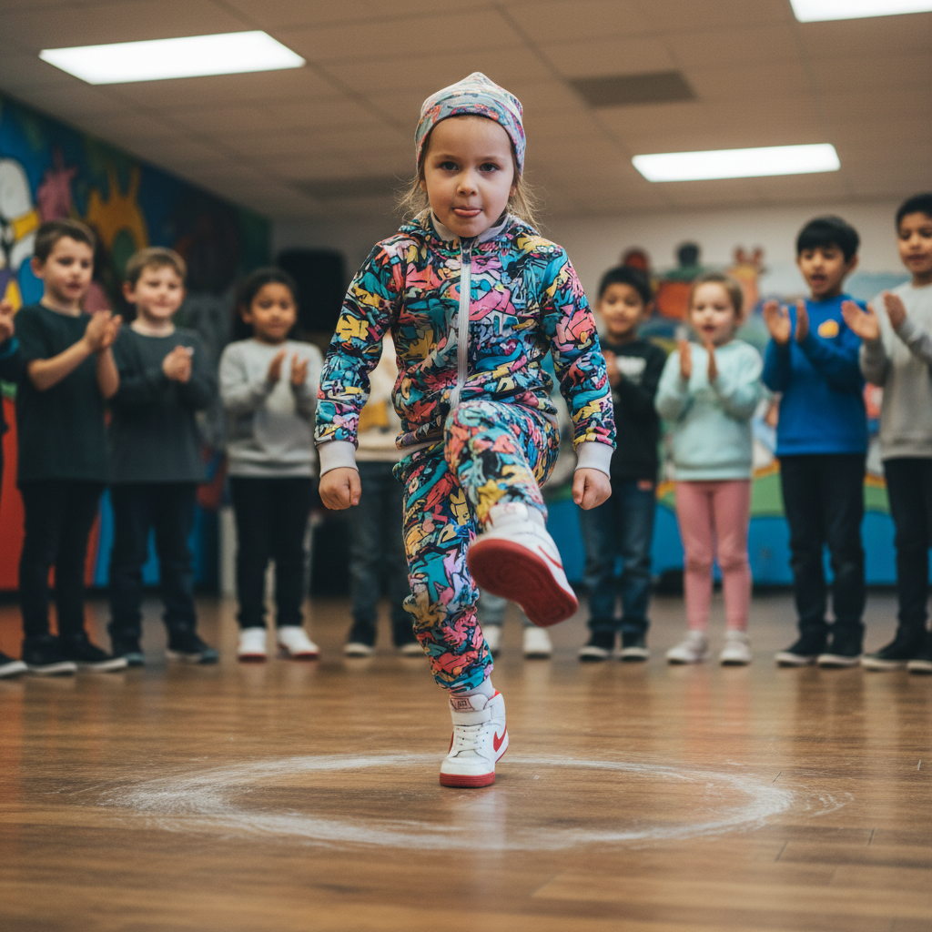 Seven-year-old mid top-rock on the dance floor, sneakers a blur, face pure concentration, circle of kids clapping behind her