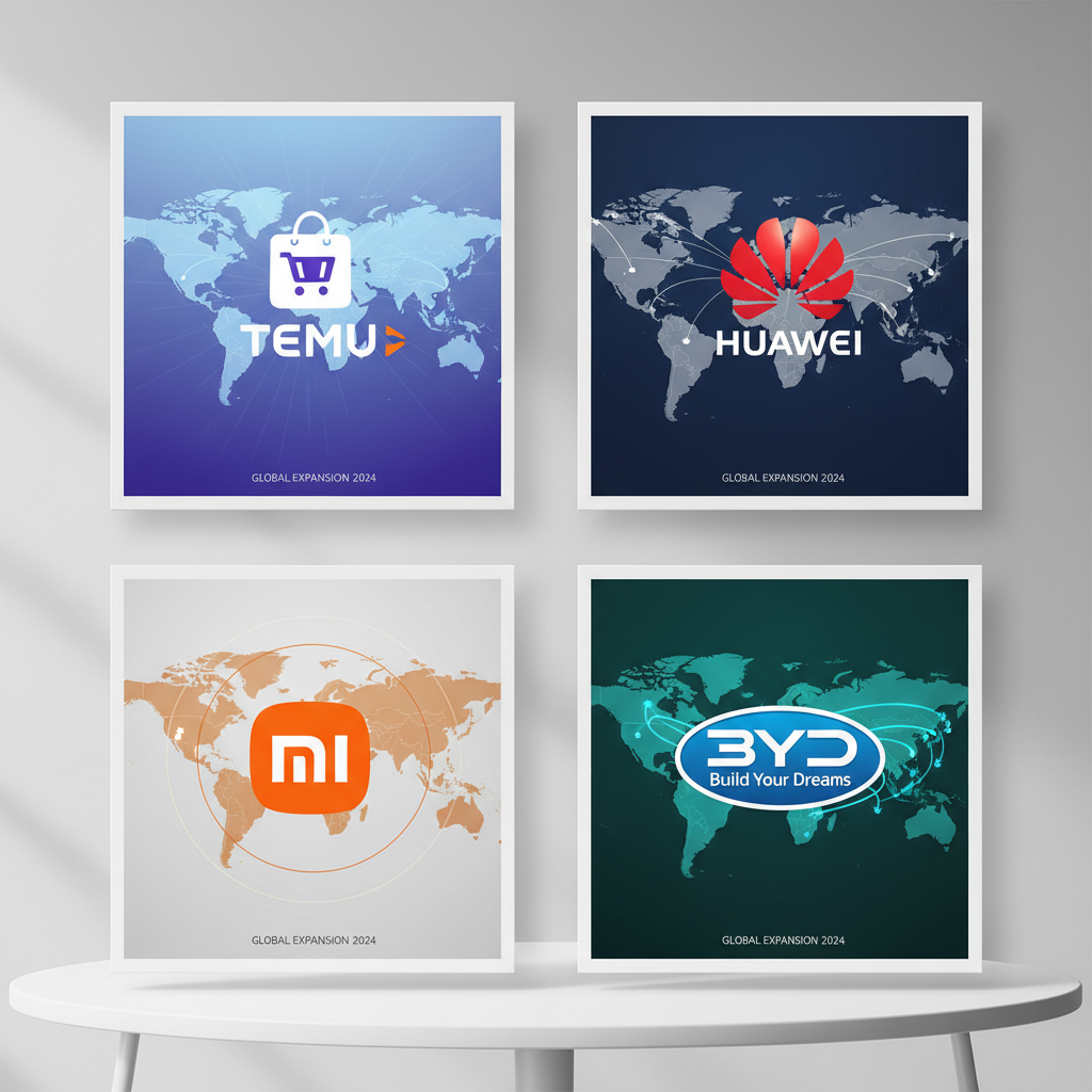 Chinese brand logos including Temu, Huawei, Xiaomi and BYD displayed alongside global market expansion maps