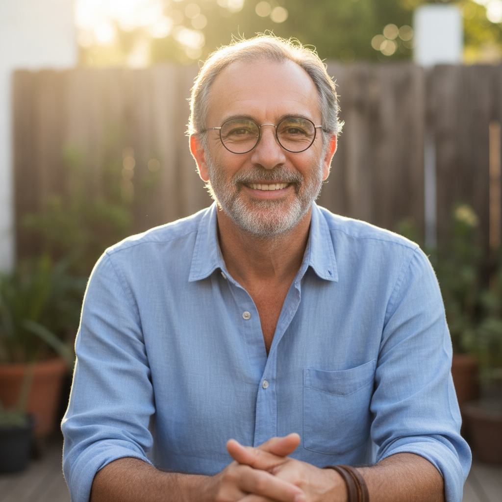 Middle-aged South African man with a friendly smile in an outdoor setting