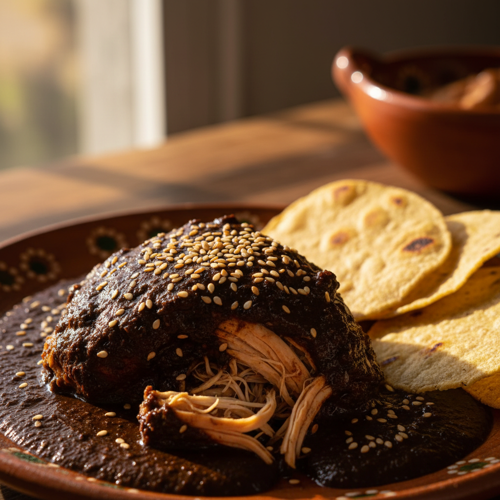 Traditional Oaxacan mole negro served with handmade tortillas and mezcal in a colourful Mexican setting