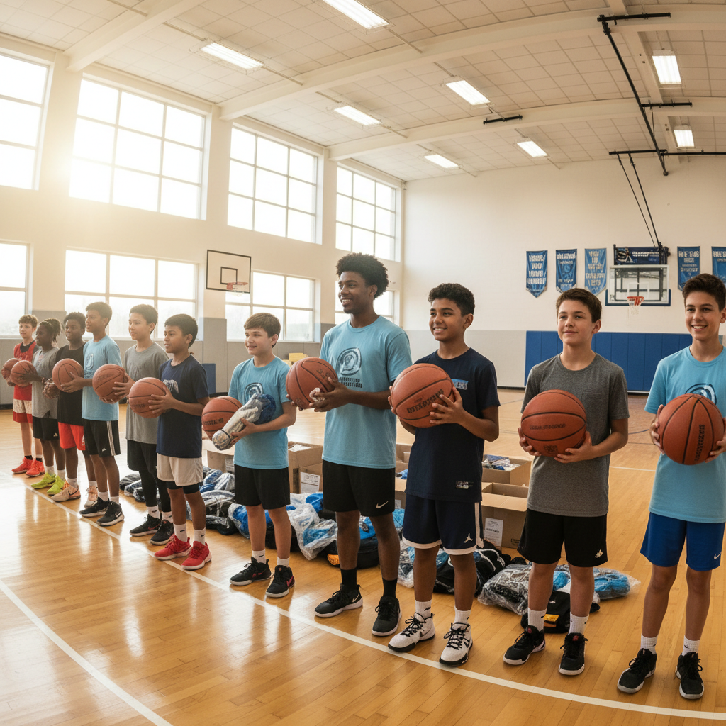 Young basketball players at skill stations with cones and hoops, earning stickers