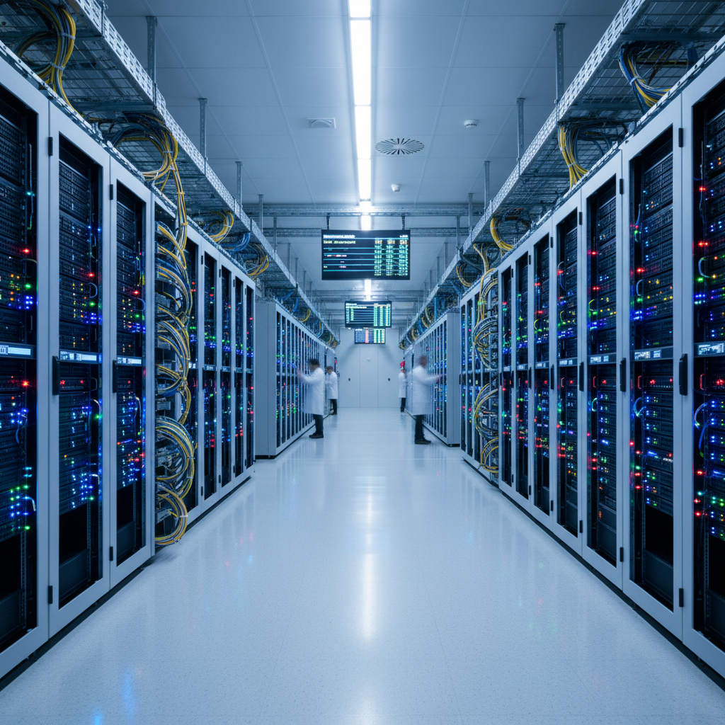 IT technician installing server hardware in bright data center