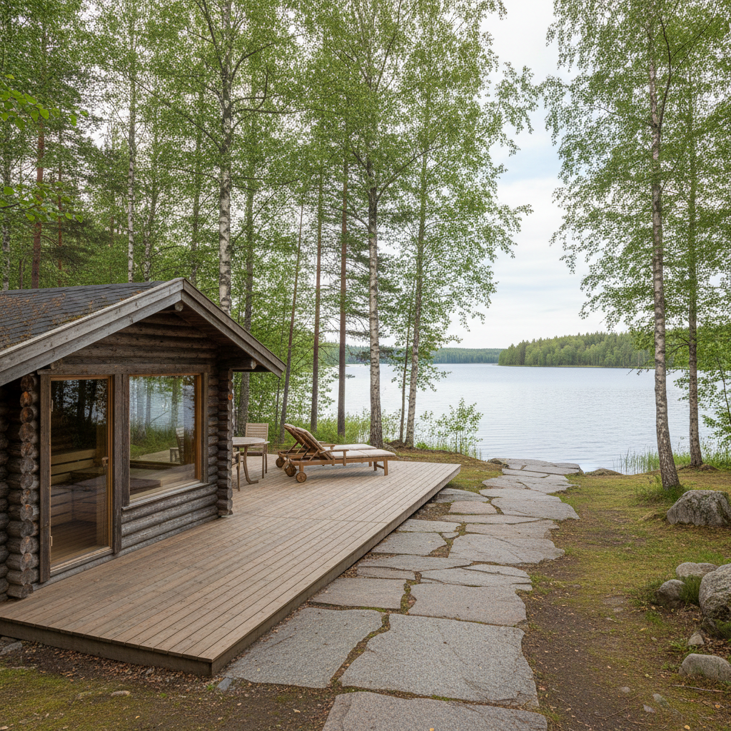 Finnish lakeside garden with sauna terrace, floating granite dock path and birch woodland planting