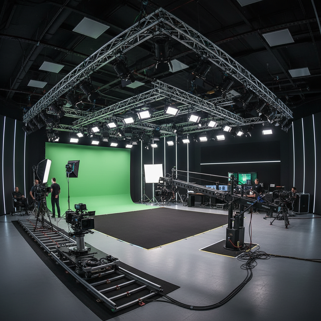 Professional video production studio with cameras, lighting rigs, and broadcast equipment for live media production