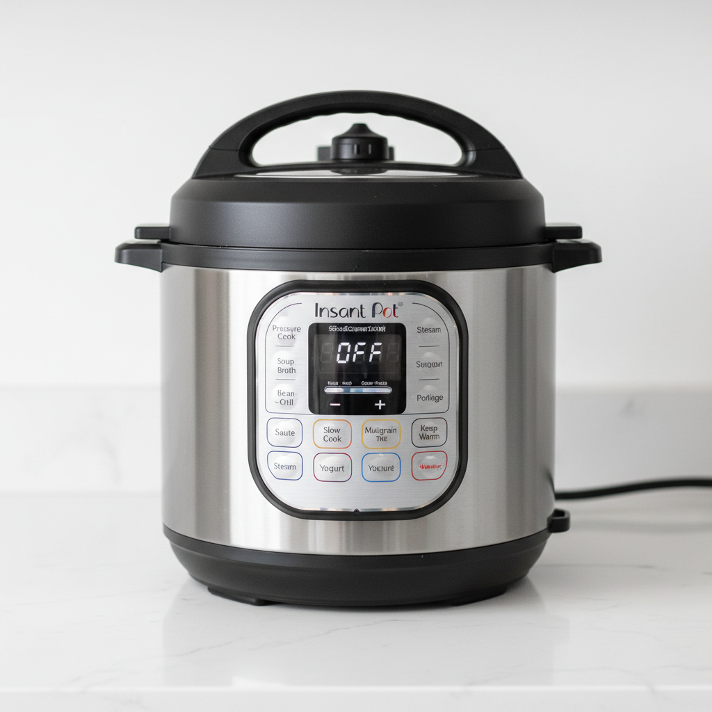 Instant Pot Duo electric pressure cooker in stainless steel on kitchen counter