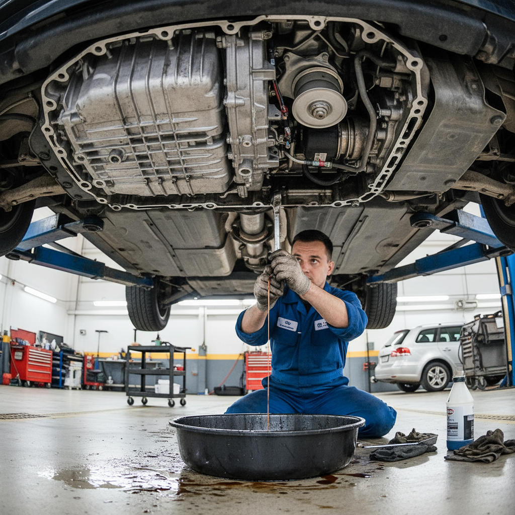 Transmission specialist working on automatic transmission rebuild in Phoenix auto shop with professional tools and equipment