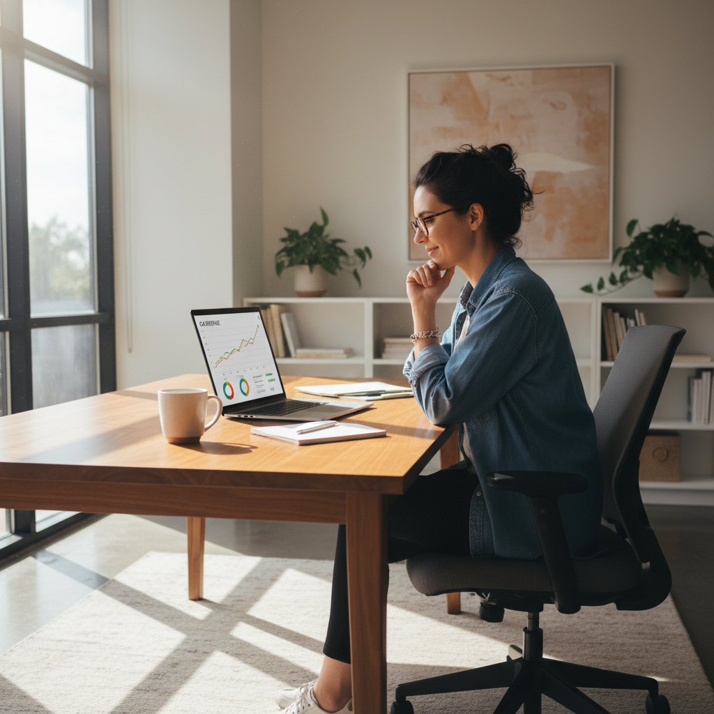 Bootstrapped founder working on laptop in home office with revenue milestone chart