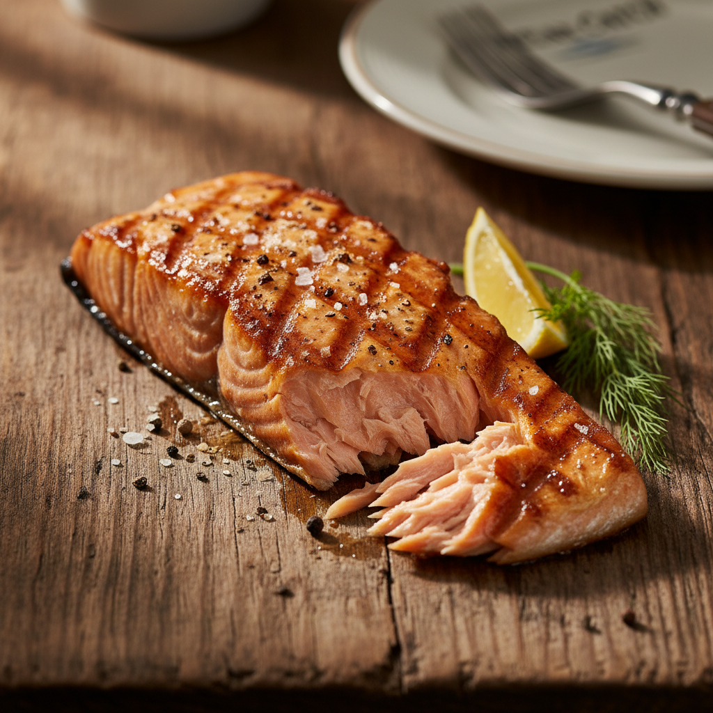 Warm sunlit grilled salmon fillet on fresh green salad with lemon on light wooden surface