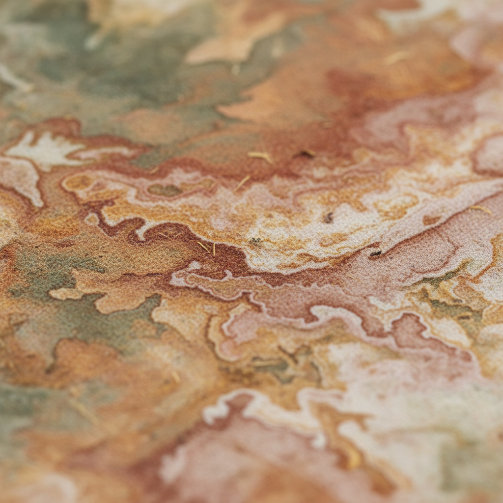Macro photograph of plant-dyed modal fabric showing soft earthy tones like an aerial landscape