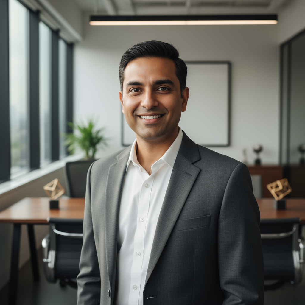 Indian man in business casual, bright professional office, confident demeanor