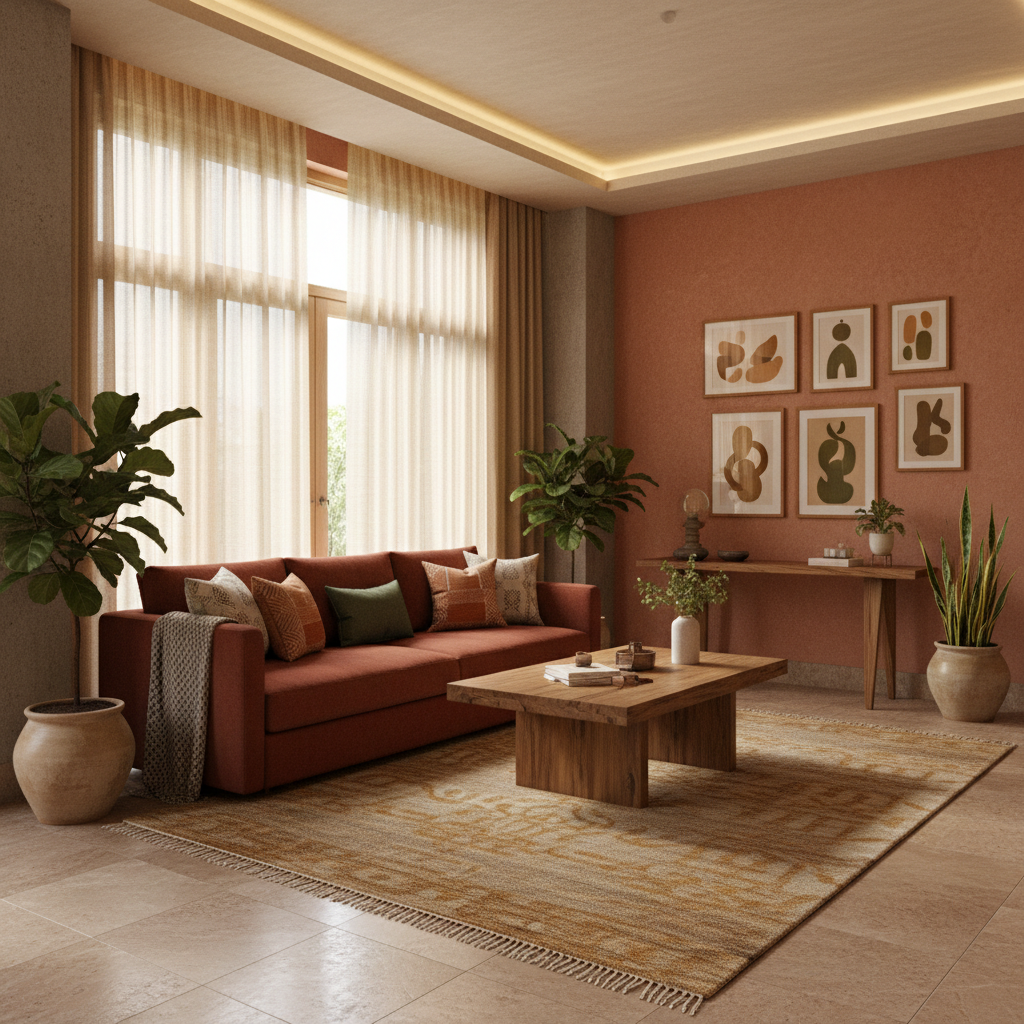 Interior design featuring warm earthy tones with terracotta accents, natural linen textiles and raw wood furniture in premium Gurugram home