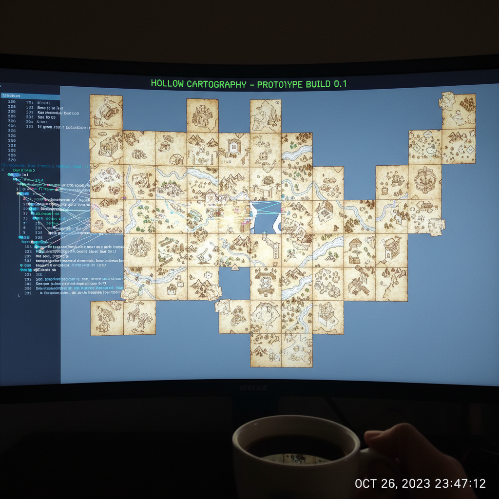 Raw prototype footage of Hollow Cartography captured off a monitor glow showing hand-drawn map tiles being procedurally assembled in real-time