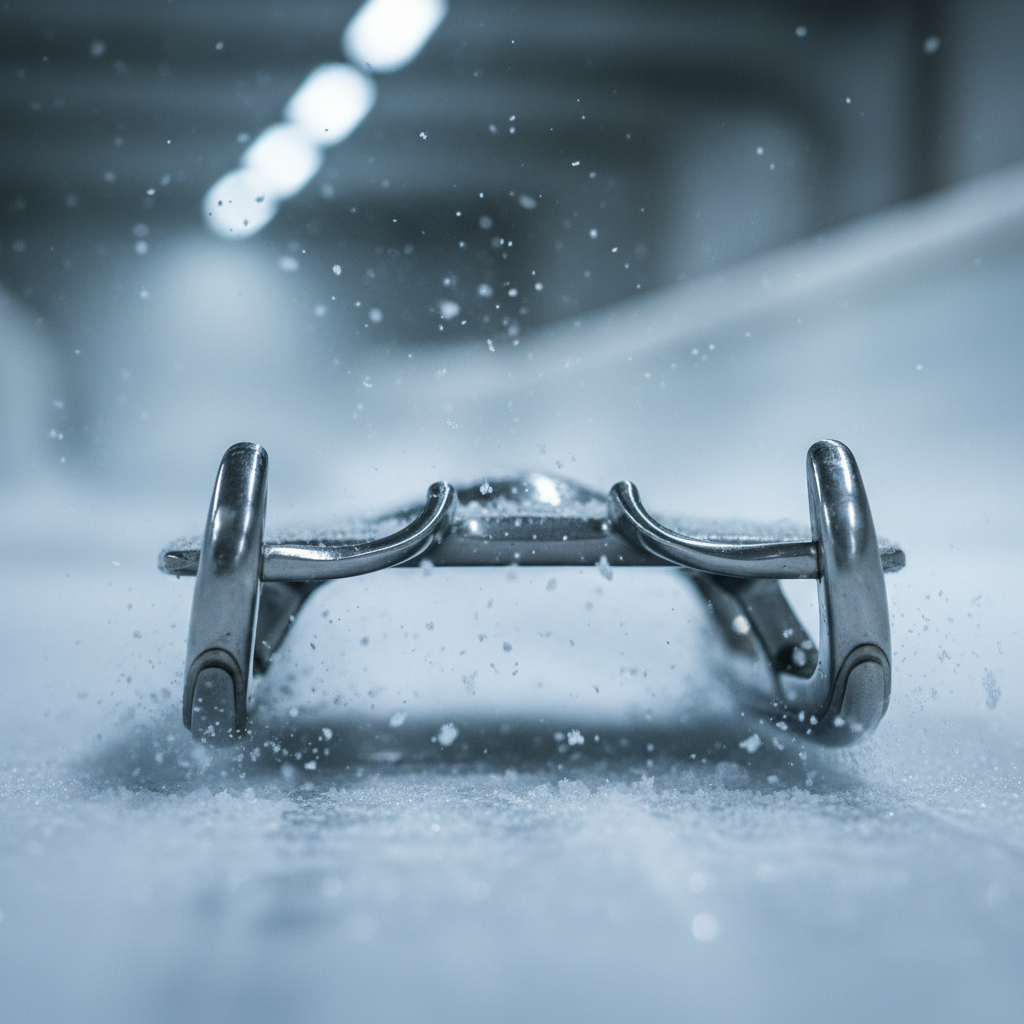 Close-up of luge sled steel runners on ice, frost particles visible in track lighting
