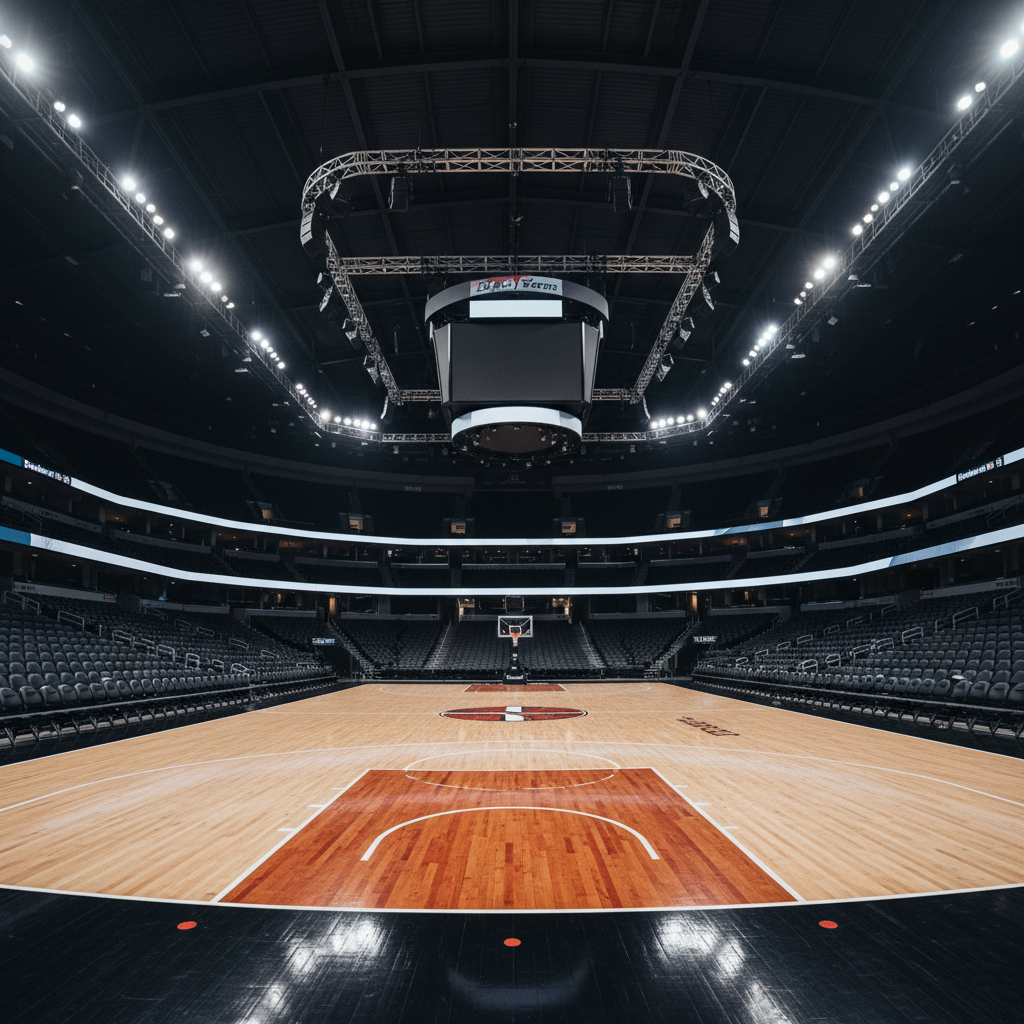 Basketball arena interior with hardwood court, empty seats, dramatic overhead lighting, NBA court markings