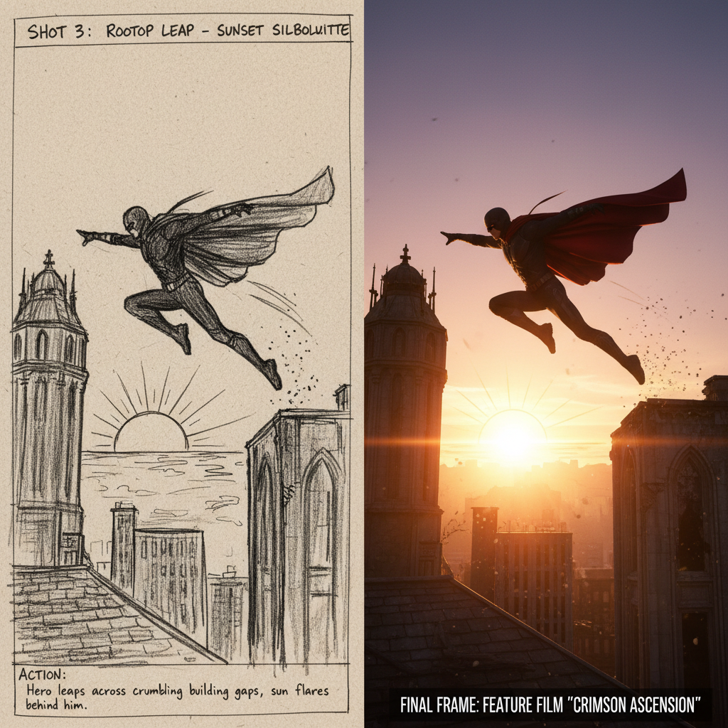 Storyboard to final frame comparison showing production transformation process