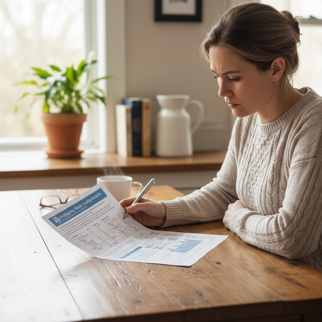 Homeowner reviewing a Wellspring water quality report at their kitchen table