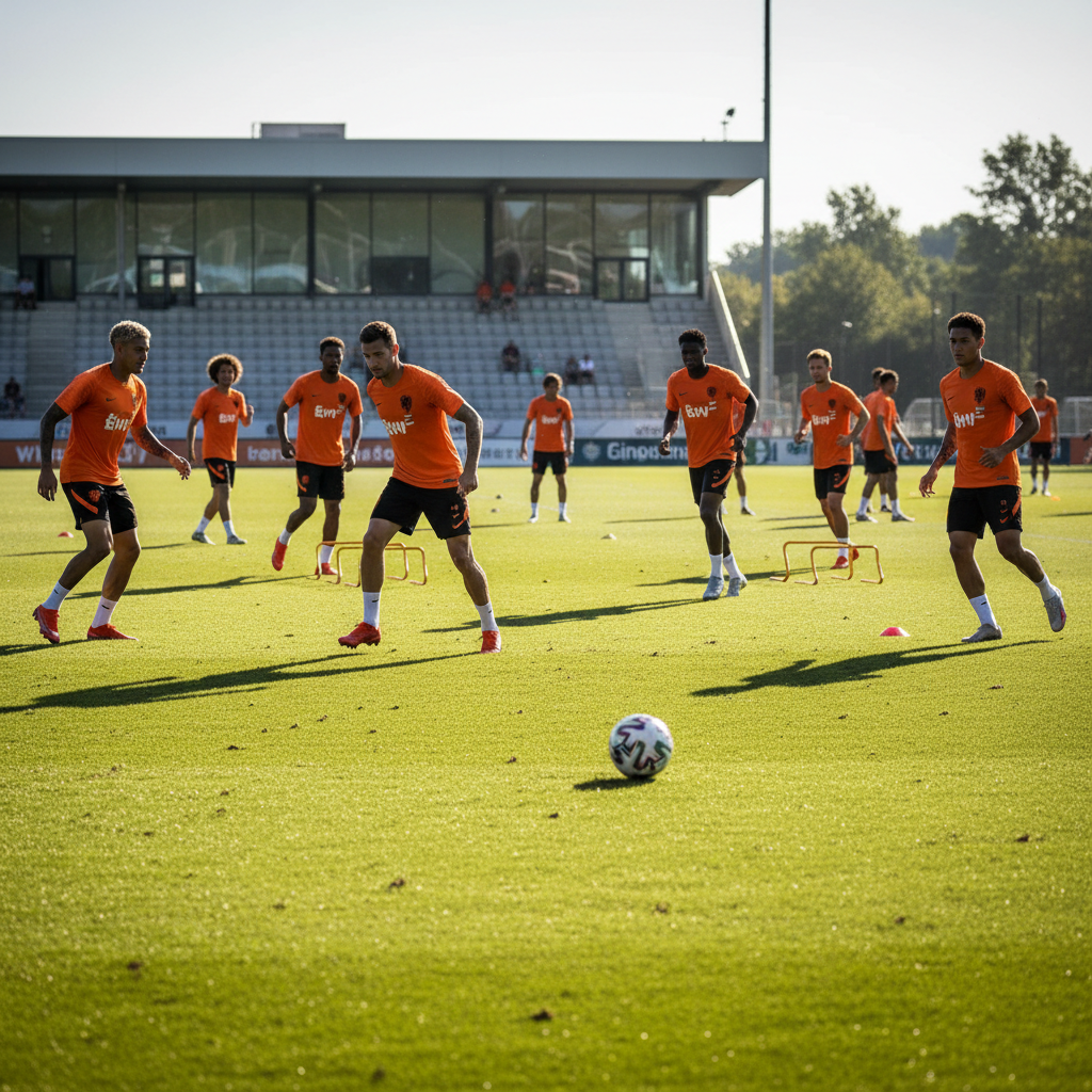 Football players training on a green pitch in the Netherlands, overcast sky, athletic energy, dramatic low light