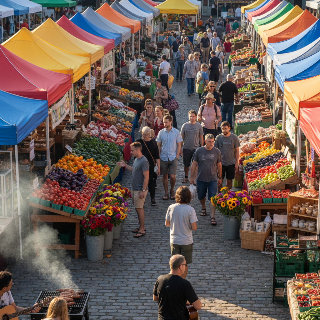 Colorful farmers market with vendors and shoppers on a Saturday morning