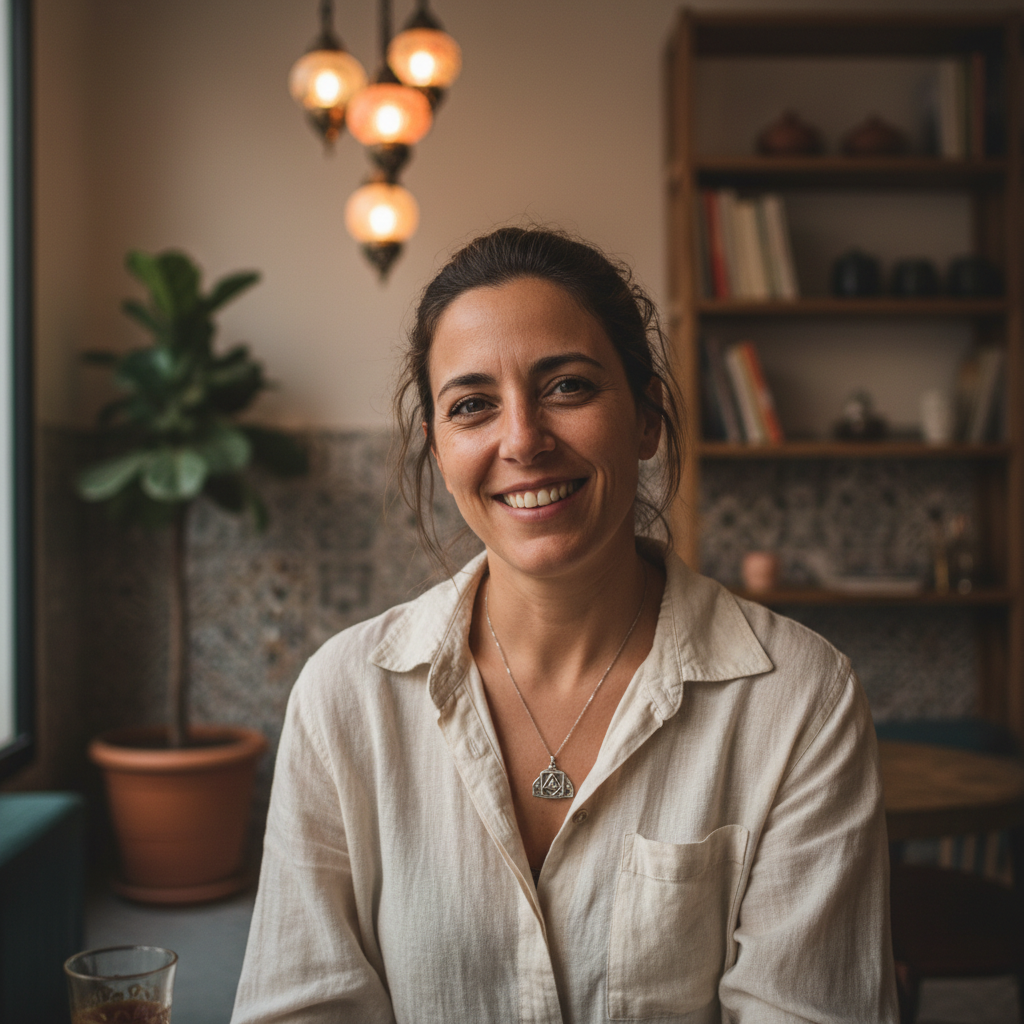 Warm portrait of a woman smiling, soft indoor light, natural tones