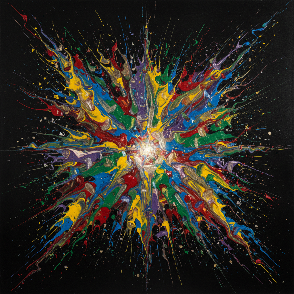 Colorful abstract paint splashes on dark canvas with vibrant atmospheric lighting
